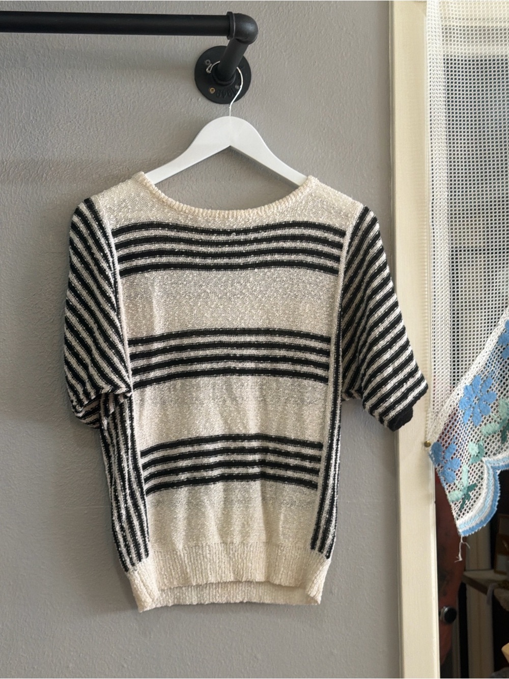 Ivory and Black Striped Short-Sleeve Sweater